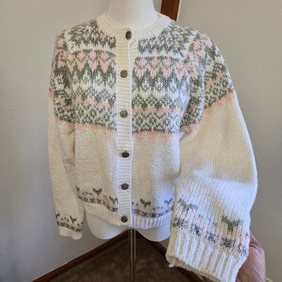 D.D. Sloane Womens Vintage Fair Isle Cardigan Sweater M Wool Grannycore Pastel - Picture 2 of 11